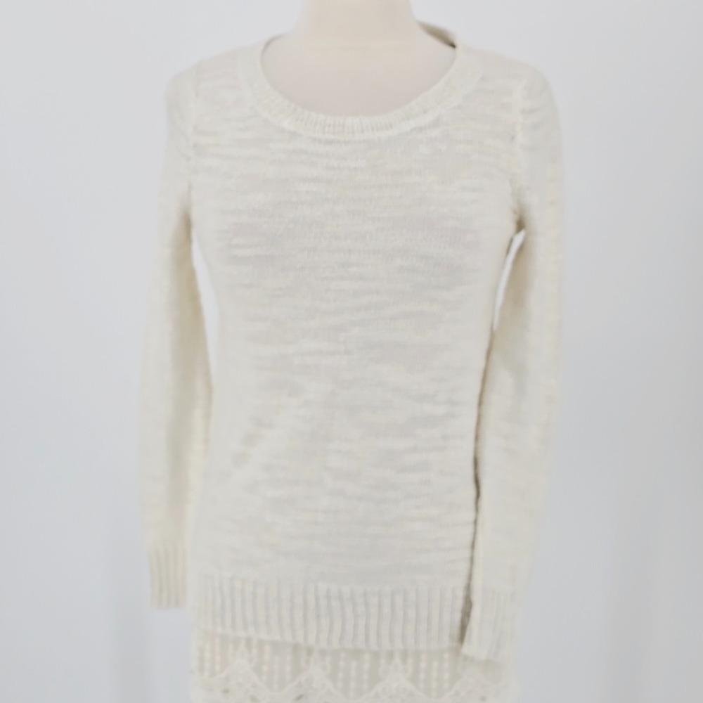 Cupio Tunic Sweater Womens S Ivory SM95861 Lace Hem Boho Pullover Open Knit